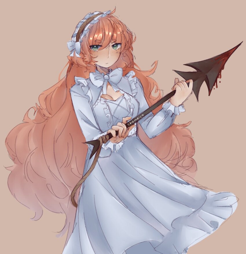 1girl bow bowtie breasts chomeico cleavage cleavage_cutout clothing_cutout cowboy_shot dress freckles frilled_dress frills green_eyes hair_bow highres holding_harpoon ishmael_(project_moon) limbus_company long_hair maid_headdress medium_dress orange_hair project_moon simple_background solo very_long_hair white_bow white_bowtie white_dress