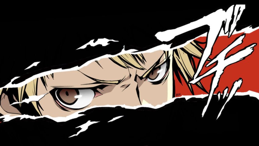 1boy blonde_hair chainsaw_man close-up denji_(chainsaw_man) eiji_nochi eye_focus highres looking_to_the_side parody persona persona_5 persona_eyes red_background short_hair solo style_parody
