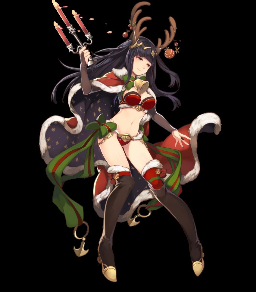 1girl @storm5958 antlers bell bikini black_boots black_thighhighs boots candle candlelight candlestand cape christmas female_focus fire_emblem fire_emblem_awakening fire_emblem_heroes full_body highres horns jake_brito leather leather_boots navel neck_bell nintendo official_art red_thighhighs santa_costume solo stephanie_sheh swimsuit tharja_(&quot;normal_girl&quot;)_(fire_emblem) tharja_(fire_emblem) thigh_boots thighhighs thighhighs_under_boots transparent_background voice_actor_connection