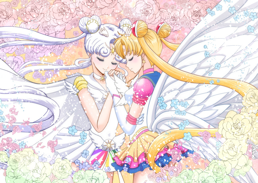 2girls absurdres angel_wings bare_arms bishoujo_senshi_sailor_moon bishoujo_senshi_sailor_moon_stars blonde_hair blue_sailor_collar blue_skirt brooch cape choker closed_eyes closed_mouth cowboy_shot double_bun dress earrings eternal_sailor_moon facing_another feathered_wings floral_background hair_bun heart_hair_bun highres holding_hands jewelry kuroasa24 layered_skirt long_hair magical_girl multiple_girls pink_choker puffy_sleeves red_skirt sailor_collar sailor_cosmos sailor_moon sailor_senshi sailor_senshi_uniform see-through_clothes see-through_sleeves short_dress skirt smile standing star_(symbol) star_choker star_earrings tsukino_usagi twintails waist_brooch white_cape white_choker white_dress white_hair white_sailor_collar white_wings wings yellow_skirt