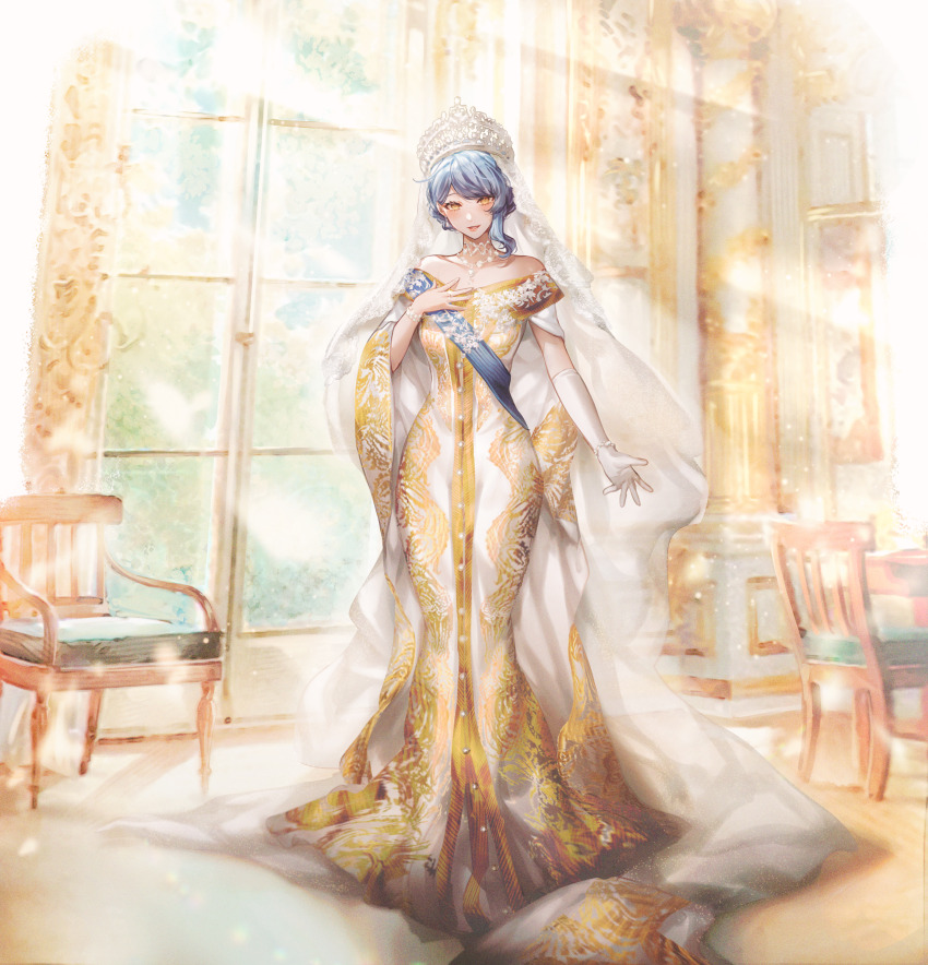 1girl absurdres bare_shoulders blue_hair blue_sash breasts chair commentary_request commission crown dress earrings full_body glint gloves gold_dress gown hand_on_own_chest highres indoors jewelry light_rays long_veil looking_at_viewer medium_breasts necklace off-shoulder_dress off_shoulder original parted_lips pillar ring sash short_hair shoulder_sash single_glove skeb_commission solo sunlight two-tone_dress veil white_dress white_gloves white_veil window yuli_(yulipo)