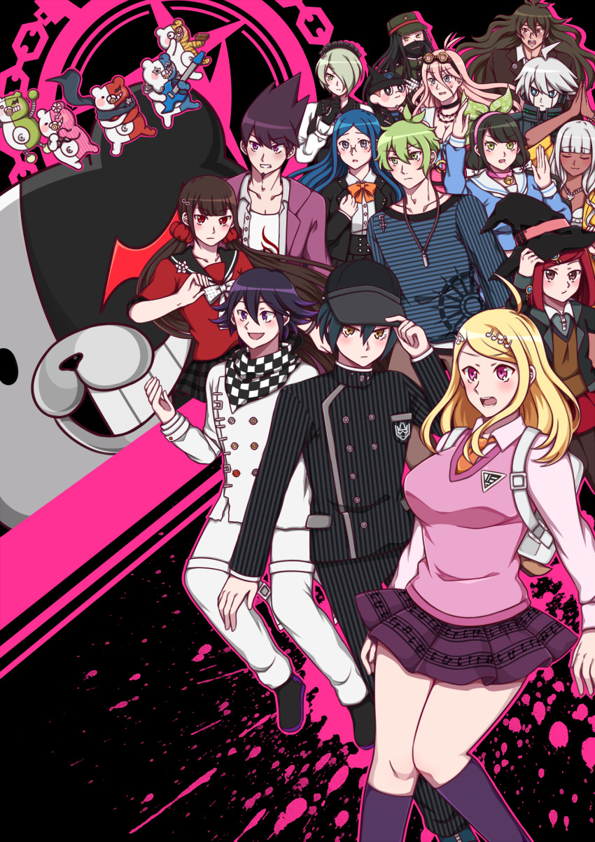 6+boys 6+girls :d ahoge akamatsu_kaede amami_rantaro antenna_hair backpack bag barbed_wire black_background black_choker black_hair black_headwear black_sailor_collar blonde_hair blood blue_hair bow bowtie breasts brown_hair brown_vest buttons chabashira_tenko checkered_clothes checkered_scarf choker danganronpa_(series) danganronpa_v3:_killing_harmony donutous double-breasted everyone fortissimo glasses goggles goggles_on_head gokuhara_gonta green_hair grey_bag grey_hair grey_jacket grey_pants grin hair_between_eyes hair_ornament hair_over_one_eye hair_scrunchie harukawa_maki hat highres hoshi_ryoma iruma_miu jacket jewelry k1-b0 large_breasts long_hair long_sleeves looking_at_viewer maid_headdress medium_breasts momota_kaito monodam monokid monokuma monophanie monosuke monotaro_(danganronpa) multiple_boys multiple_girls musical_note musical_note_hair_ornament necklace necktie oma_kokichi open_clothes open_jacket open_mouth orange_bow orange_bowtie orange_necktie pants pink_background pink_blood pink_jacket pink_sweater_vest pink_vest purple_skirt red_hair red_scrunchie red_skirt saihara_shuichi sailor_collar scarf school_uniform scrunchie serafuku shinguji_korekiyo shirogane_tsumugi shirt short_hair skirt smile striped_clothes striped_jacket striped_pants sweater_vest teeth tojo_kirumi vest witch_hat yonaga_angie yumeno_himiko