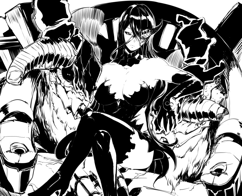 abyssal_ship battleship_water_oni black_sclera boots breasts breasts_apart broken_horn closed_mouth colored_sclera crossed_legs detached_collar detached_sleeves dress expressionless gegesan greyscale hair_between_eyes highres horns kantai_collection large_breasts long_hair monochrome one_eye_covered simple_background sitting sitting_on_object solo strapless strapless_dress teeth thigh_boots thighhighs torn_clothes torn_dress torn_thighhighs zettai_ryouiki