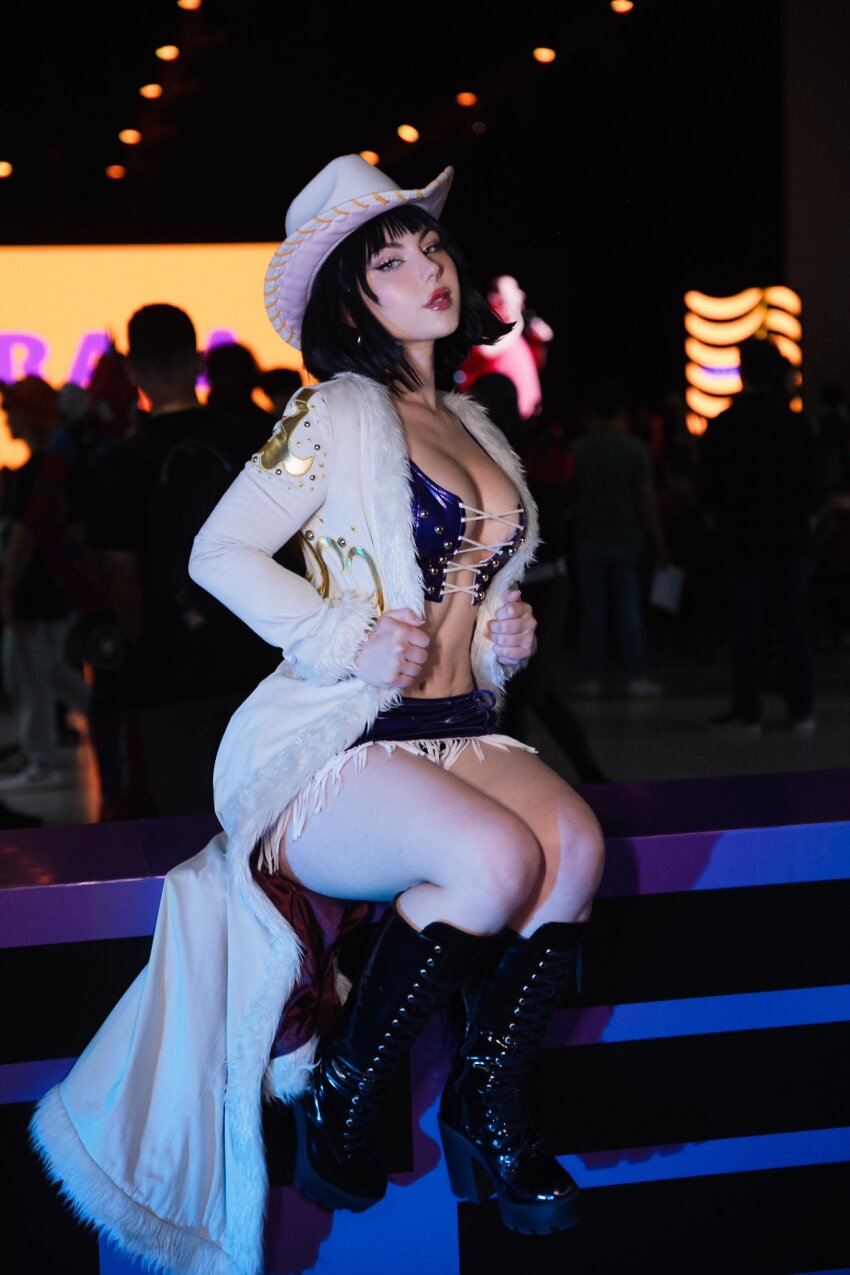 1girl black_hair blunt_bangs boots breasts cosplay fegalvao female_focus high_heel_boots high_heels highres large_breasts looking_at_viewer medium_hair midriff miniskirt navel nico_robin nico_robin_(alabasta) nico_robin_(cosplay) one_piece real_life skirt solo