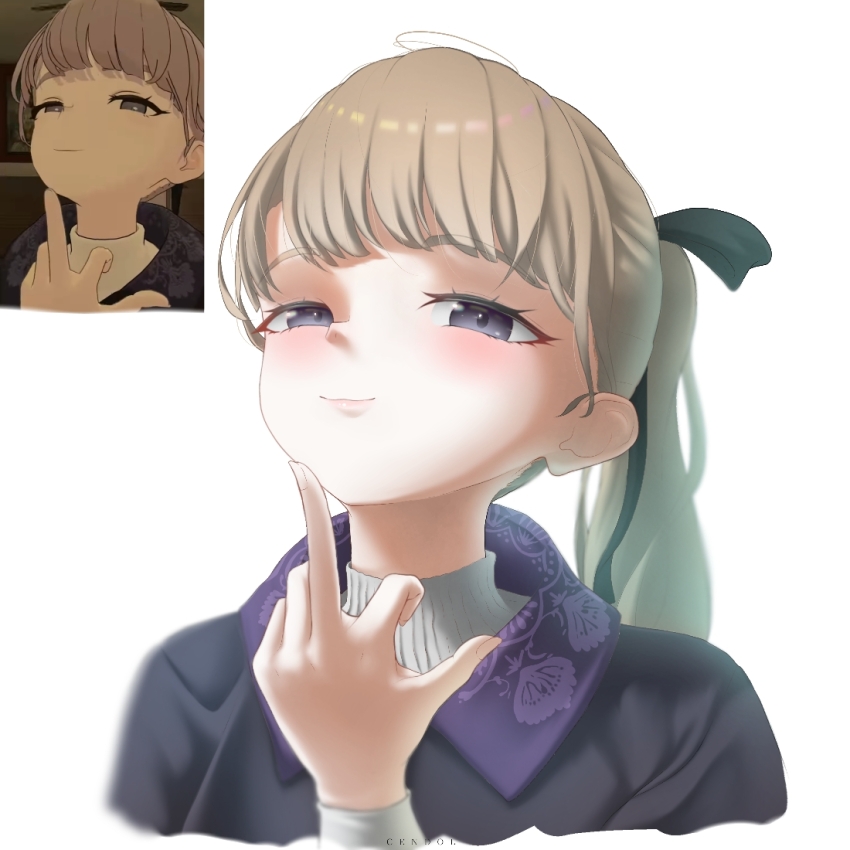 1girl black_ribbon black_shawl brown_hair chen_duoer derivative_work grey_eyes hair_ribbon half-closed_eyes lapwing_(vrchat) middle_finger ponytail reference_inset ribbon screenshot_inset screenshot_redraw shawl smirk solo turtleneck vrchat vrchat_(medium)