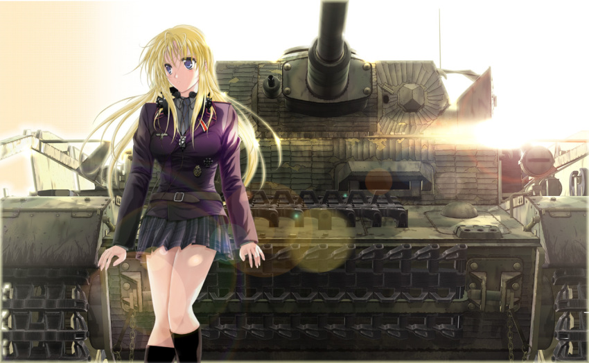 1girl 3d backlighting belt blonde_hair blue_eyes caterpillar_tracks cross female_focus german_text headphones iron_cross lens_flare long_hair medal microphone military military_uniform military_vehicle motor_vehicle nazi necktie panzer_iv pleated_skirt skirt solo sousei_ou tank throat_microphone vehicle world_war_ii