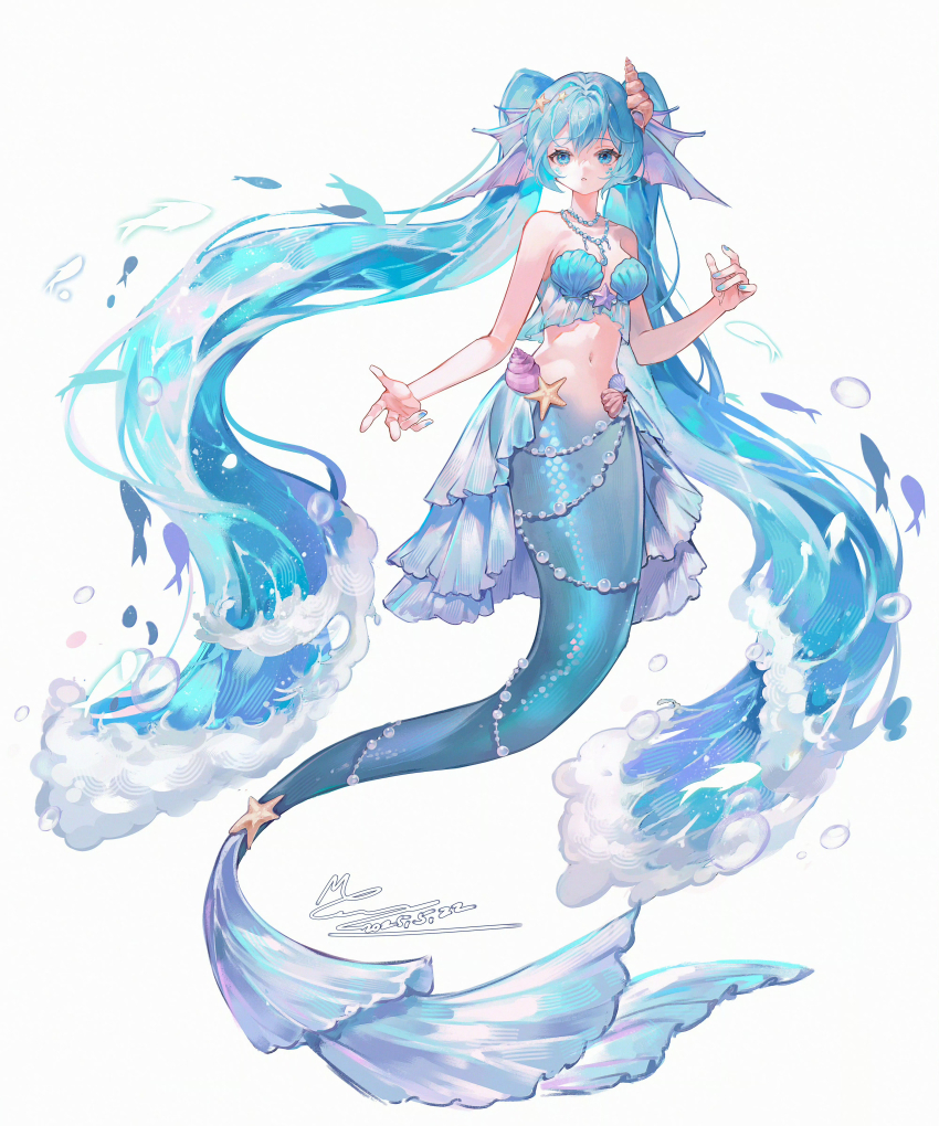 1girl absurdres aqua_eyes aqua_hair bikini commentary_request fish full_body hatsune_miku highres jewelry long_hair looking_at_viewer memory_mie monsterification navel necklace pearl_necklace shell shell_bikini shell_hair_ornament simple_background solo starfish stomach swimsuit tail tail_ornament twintails very_long_hair vocaloid white_background
