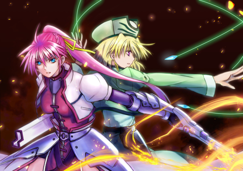 2girls armor back-to-back blonde_hair blue_eyes braid commentary cropped_jacket dress earrings faulds fire from_side frown gauntlets gloves green_dress green_headwear grey_gloves hair_ribbon hat highres holding holding_sword holding_weapon hoop_earrings jacket jewelry klarwind laevatein_(nanoha) leoheart long_dress long_hair long_sleeves looking_at_viewer lyrical_nanoha magical_girl mahou_shoujo_lyrical_nanoha mahou_shoujo_lyrical_nanoha_a&#039;s multiple_girls parted_lips pink_jacket ponytail purple_eyes red_dress red_hair ribbon scabbard shamal sheath short_hair side_slit signum standing sword weapon yellow_ribbon