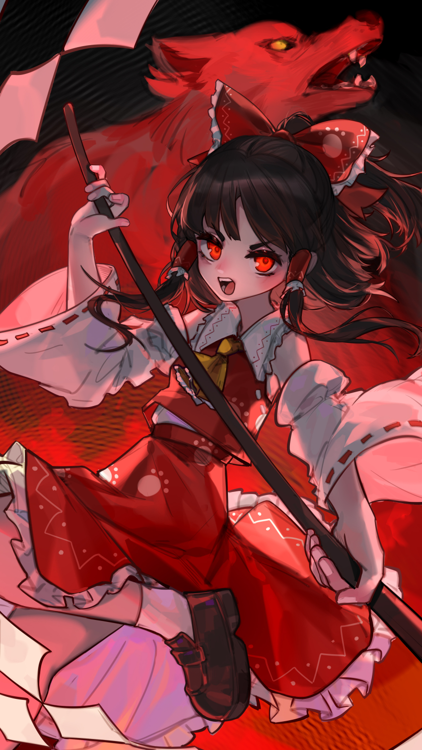 1girl absurdres ascot bow brown_hair brown_shoes commentary_request detached_sleeves frilled_bow frilled_hair_tubes frills gohei hair_bow hair_tubes hakurei_reimu highres holding holding_gohei kourou_(kouroukun) leg_up long_hair looking_at_viewer open_mouth paw_print paw_print_pattern red_bow red_eyes red_skirt ribbon-trimmed_sleeves ribbon_trim shoes skirt skirt_set socks solo touhou white_socks wily_beast_and_weakest_creature wolf wolf_spirit_(touhou) yellow_ascot