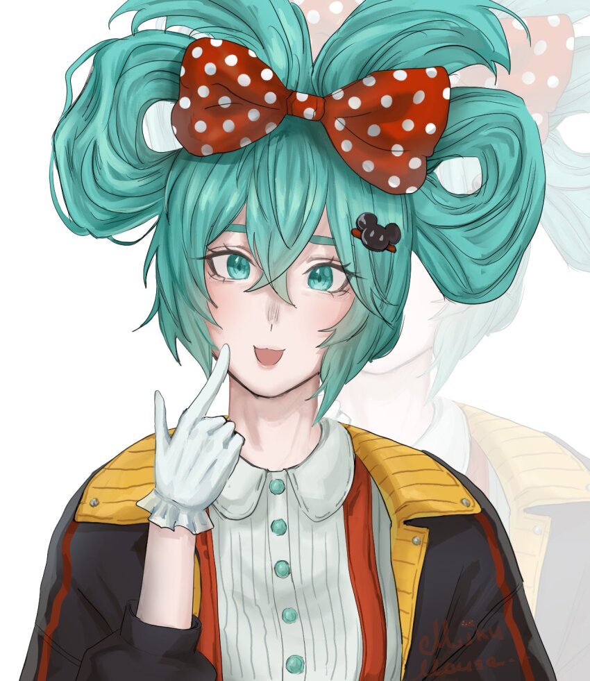 1girl aqua_eyes aqua_hair blue_eyes blue_hair bow cosplay gloves hair_bow hair_ornament hatsune_miku highres kzz_ee long_hair looking_at_viewer mickey_mouse mickey_mouse_&amp;_friends mickey_mouse_(cosplay) parody smile solo upper_body very_long_hair vocaloid