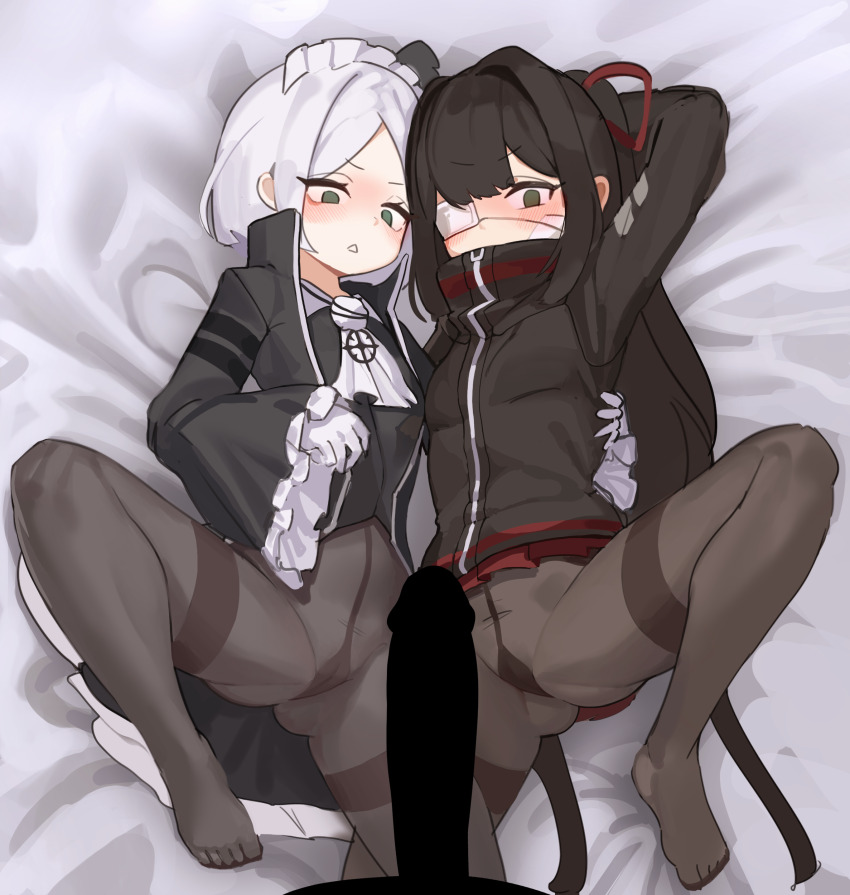 2girls absurdres arm_up ascot bed_sheet black_hair black_jacket brown_pantyhose censored eyepatch frilled_sleeves frills green_eyes gya_rb hair_ribbon highres jacket library_of_ruina long_hair lying maid_headdress medical_eyepatch multiple_girls on_back pamela_(project_moon) pantyhose parted_bangs parted_lips penis petite project_moon red_ribbon ribbon shi_association_south_uniform short_hair sidelocks tenma_(project_moon) very_long_hair white_ascot white_hair wide_sleeves