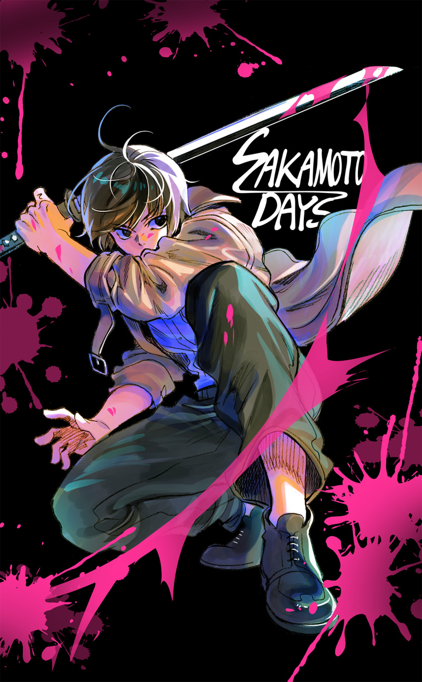 1boy bae_(baebae) black_background black_eyes black_footwear black_hair blood blood_on_clothes blood_splatter bloody_weapon brown_jacket copyright_name full_body highres holding holding_sword holding_weapon jacket nagumo_(sakamoto_days) pink_blood sakamoto_days socks solo squatting sword weapon