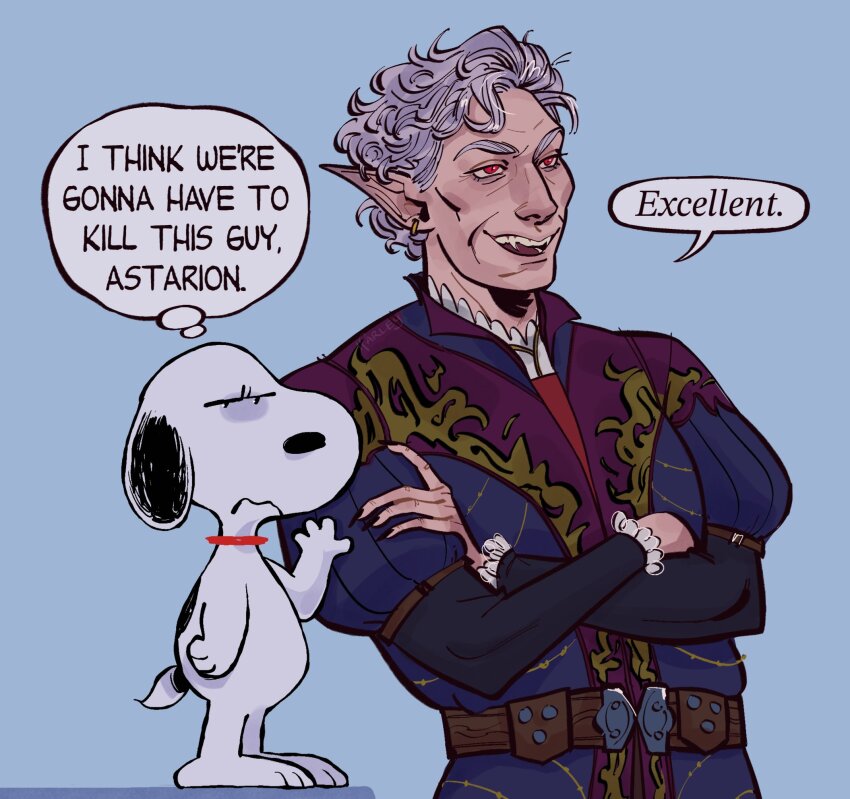 2boys animal_collar astarion baldur&#039;s_gate baldur&#039;s_gate_3 belt black_nails blue_background collar commentary crossed_arms crossover curly_hair dog dungeons_&amp;_dragons earrings english_commentary english_text fangs fingernails frilled_sleeves frills grey_hair hand_on_another&#039;s_arm harlequinides highres i_think_we&#039;re_gonna_have_to_kill_this_guy_steven_(meme) jewelry male_focus meme multiple_boys open_mouth peanuts_(comic) pointy_ears puff_and_slash_sleeves puffy_sleeves red_eyes renaissance_clothes sharp_fingernails size_difference slit_pupils snoopy speech_bubble thought_bubble upper_body vampire