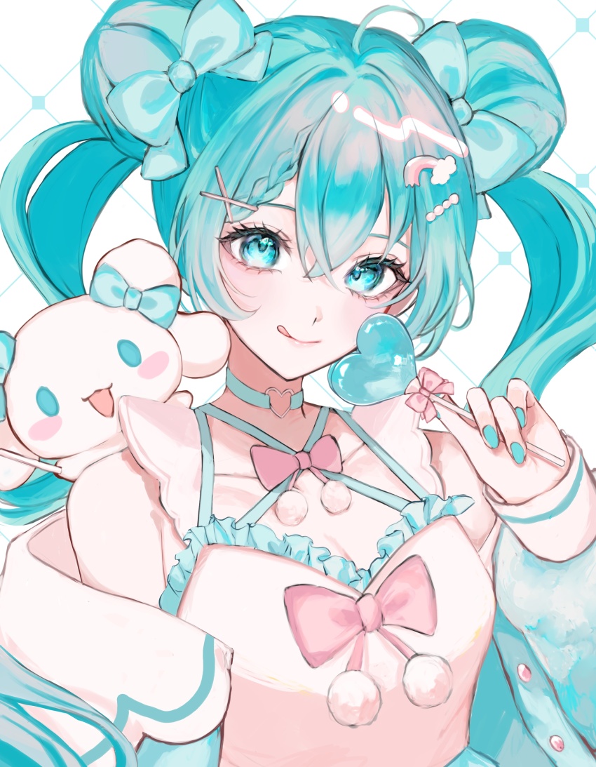 1girl :3 :q absurdres ahoge aqua_bow aqua_cardigan aqua_choker aqua_eyes aqua_hair aqua_nails bare_shoulders blush_stickers bow braid braided_bangs breasts candy cardigan choker cinnamiku cinnamoroll cleavage closed_mouth collarbone crossover double_bun food frilled_shirt frills fuwa_fuwa_cinnamoroll hair_between_eyes hair_bow hair_bun hair_ornament hairpin halterneck hand_up hatsune_miku heart heart-shaped_food heart-shaped_lollipop heart_o-ring heart_ring_choker highres holding holding_candy holding_food holding_lollipop licking_lips lollipop long_hair looking_at_viewer o-ring o-ring_choker off_shoulder onaka_suita516 open_cardigan open_clothes pink_bow pom_pom_(clothes) rainbow_hair_ornament sanrio shaped_lollipop shirt simple_background sleeveless sleeveless_shirt solo tongue tongue_out twintails upper_body very_long_hair vocaloid x_hair_ornament