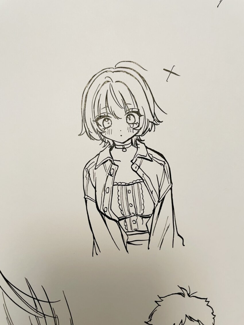 1girl akiyama_enma blush breasts collarbone collared_jacket commentary_request cropped_torso greyscale highres interlocked_fingers jacket large_breasts lineart long_sleeves looking_at_viewer manuscript_paper monochrome nib_pen_(medium) noa-senpai_wa_tomodachi. nose_blush open_mouth own_hands_together pen_(medium) photo_(medium) saotome_noa shirt short_hair simple_background solo tears traditional_media unfinished white_background