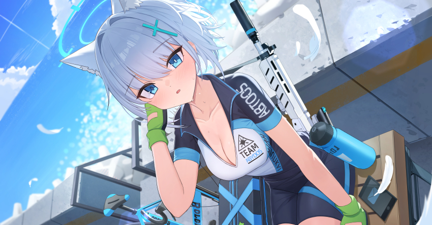 1girl absurdres animal_ear_fluff animal_ears bike_jersey black_shorts blue_archive blue_eyes blue_halo blue_sky blush breasts cellphone cleavage cloud commentary cross_hair_ornament gloves green_gloves hair_ornament halo highres looking_at_viewer medium_breasts official_alternate_costume open_mouth pang-yo phone shiroko_(blue_archive) shiroko_(cycling)_(blue_archive) short_hair shorts sky smartphone solo water wolf_ears