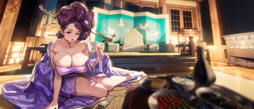 1girl absurdres bedroom blurry blurry_foreground blush bottle bowl breasts bursting_breasts chest_of_drawers chest_sarashi chinese_knot cleavage clothes_lift collarbone covered_erect_nipples crest donut_hair_bun earrings family_crest floral_print folding_screen food full_body gem hair_bun hair_intakes hair_ornament hair_stick hanbok hand_on_ground highres huge_breasts indoors jade_(gemstone) jewelry korean_clothes lamp last_origin leaf_hair_ornament lemonade_alpha lipstick long_hair looking_at_viewer makeup mature_female mole mole_under_eye multiple_hair_buns nightstand official_alternate_costume official_art open_mouth panties panty_peek phoenix_print pink_lips pinkmill plate purple_hair purple_sash red_eyes red_gemstone rice_bowl sake_bottle sarashi sash see-through_clothes sitting skindentation socks solo stud_earrings tabi table tachi-e tatami thick_thighs thighs third-party_source tongue underwear white_panties white_socks window wooden_table wooden_wall yokozuwari