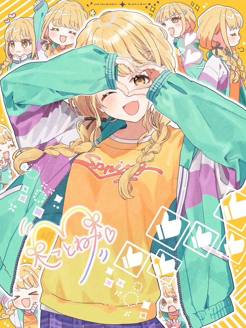 1girl ;d absurdres blonde_hair blue_skirt blush braid commentary_request fujita_kotone gakuen_idolmaster hair_ribbon heart heart_hands heart_hands_over_eye highres idolmaster jacket long_hair looking_at_viewer multicolored_jacket multiple_views one_eye_closed open_mouth pjkuasu ribbon shirt signature skirt smile thumbs_up_emoji twin_braids yellow_eyes yellow_shirt