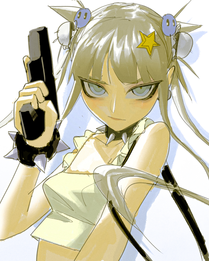 1girl blonde_hair bracelet collar crop_top grey_eyes gun highres holding holding_gun holding_weapon jewelry long_hair looking_at_viewer original quad_tails ringed_eyes simple_background sketch spiked_bracelet spiked_collar spikes tank_top upper_body very_long_hair vinne weapon white_background yellow_tank_top