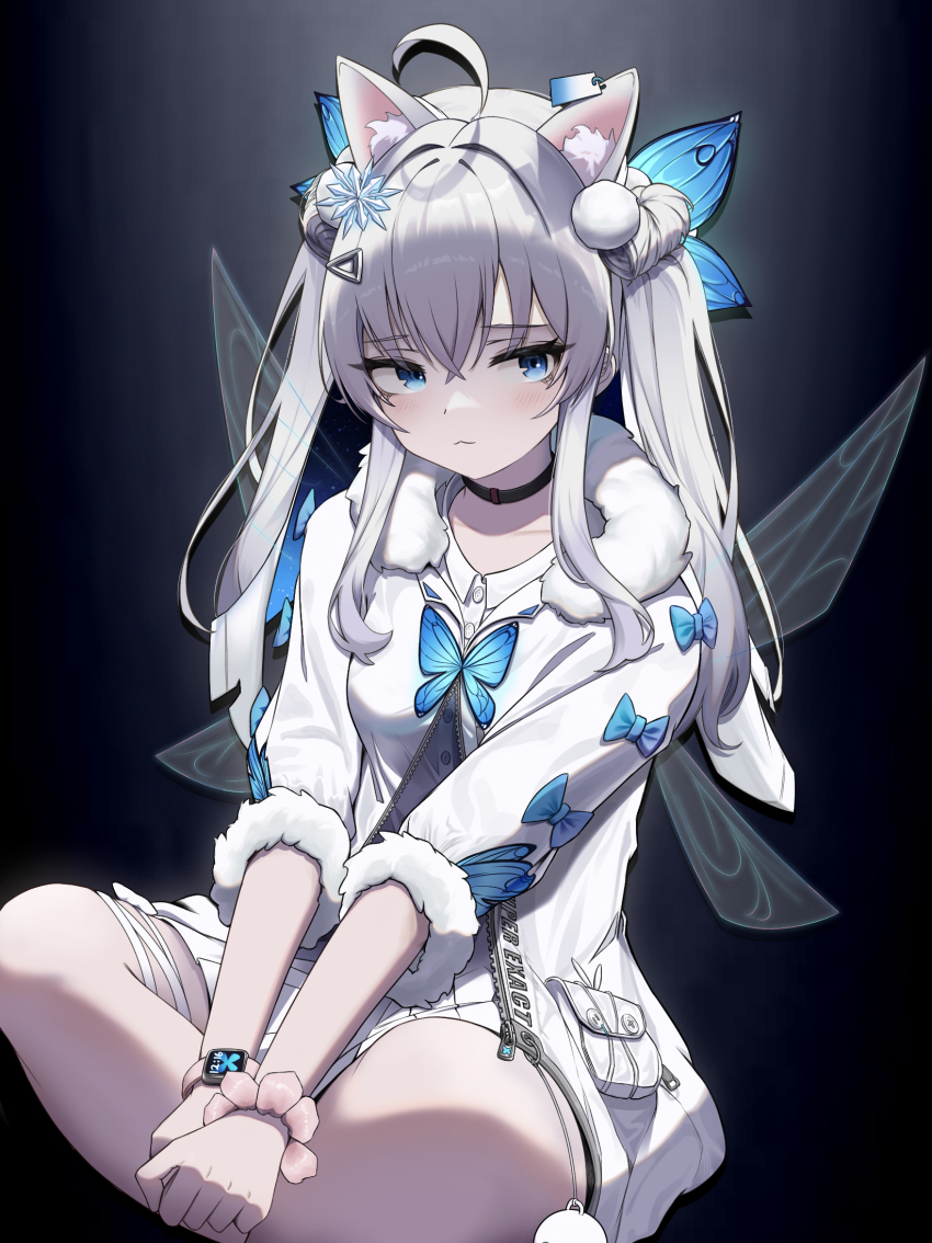 1girl ahoge alternate_hairstyle animal_ear_fluff animal_ears blue_eyes breasts bug butterfly cat_ears commentary dominance_(gb451200) goddess_of_victory:_nikke hair_between_eyes hair_ornament highres insect long_hair looking_at_viewer n102_(miracle_fairy)_(nikke) n102_(nikke) official_alternate_costume simple_background small_breasts solo watch wristwatch