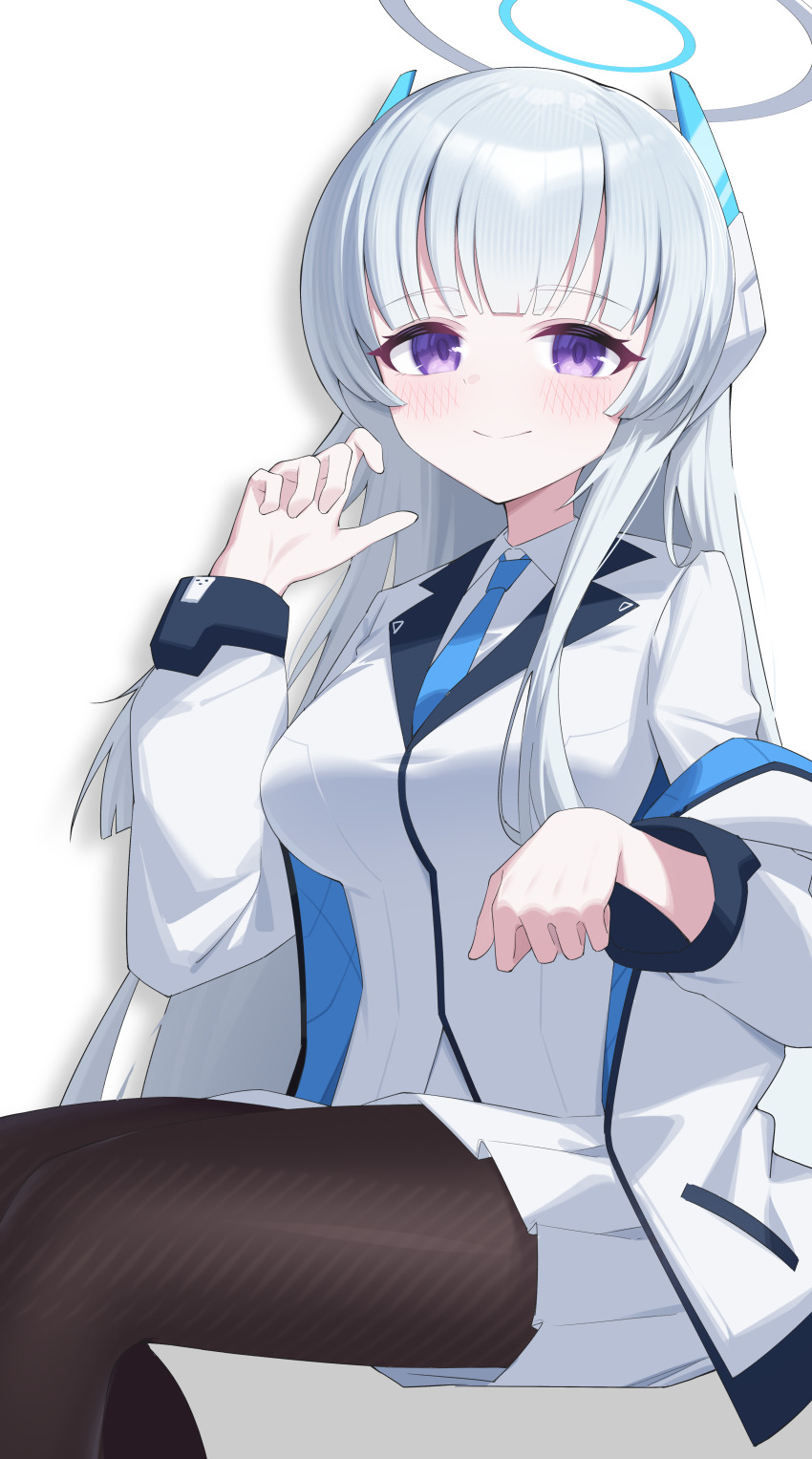 1girl absurdres black_pantyhose blue_archive blue_necktie closed_mouth collared_shirt commentary halo headgear highres invisible_chair jacket jei_(user_tckk7448) long_hair long_sleeves looking_at_viewer necktie noa_(blue_archive) pantyhose pleated_skirt purple_eyes shirt simple_background sitting skirt solo white_background white_hair white_halo white_jacket white_shirt white_skirt