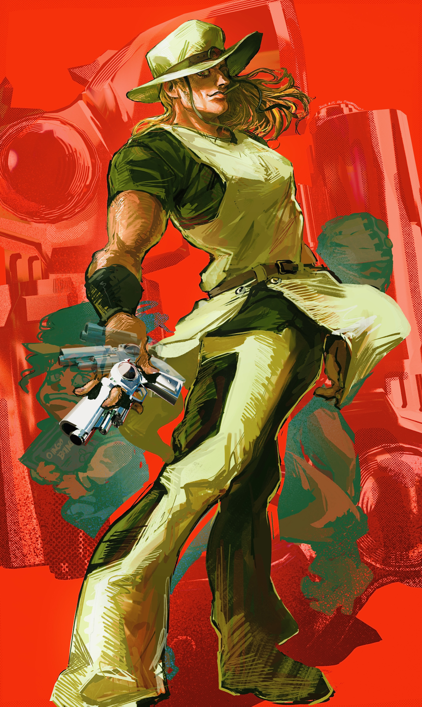 1other 2boys absurdres boingo book brown_hair cigarette cowboy_hat emperor_(stand) green_shirt gun handgun hanged_man_(stand) hat highres hol_horse holding holding_book holding_gun holding_weapon jojo_no_kimyou_na_bouken long_hair male_focus monochrome_background motion_lines mouth_hold multiple_boys pants pelvic_curtain red_background revolver scared shirt short_sleeves smile stand_(jojo) stardust_crusaders tank_top teeth thoth_(stand) uu0000322 weapon weapon_background wristband yellow_hat yellow_pants yellow_tank_top