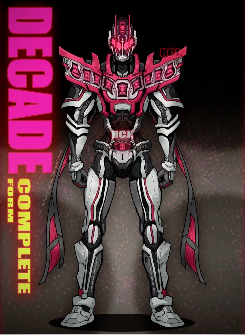 1boy armor artist_name belt bodysuit compound_eyes decadriver drive_driver english_text highres k-touch kamen_rider kamen_rider_dcd kamen_rider_decade kamen_rider_decade_complete_form mask pink_armor pink_eyes rcj rider_belt scarf signature solo tokusatsu