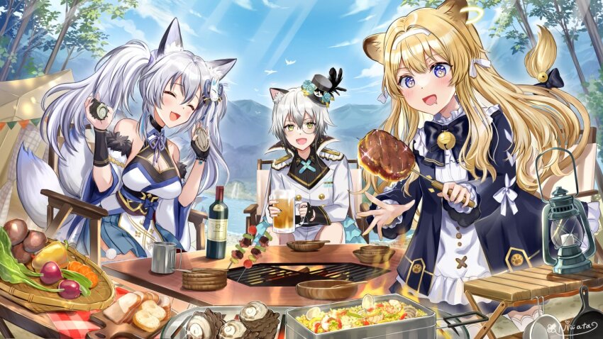 1boy 2girls :d animal_ears anniversary basket blonde_hair blue_sky bottle bowl bread bread_slice breasts cleavage closed_eyes cloud cooking cup dress food frilled_dress frills grey_hair grilling hair_intakes hairband halter_dress halterneck hat holding holding_cup holding_food inari_iroha jacket kimono_dress long_hair medium_breasts mini_hat mountain multiple_girls nekozeno_shin niwata0 noripro official_art oil_lamp open_clothes open_jacket open_mouth purple_eyes regrush_lionheart short_hair sitting sky smile tree twintails virtual_youtuber white_jacket wine_bottle