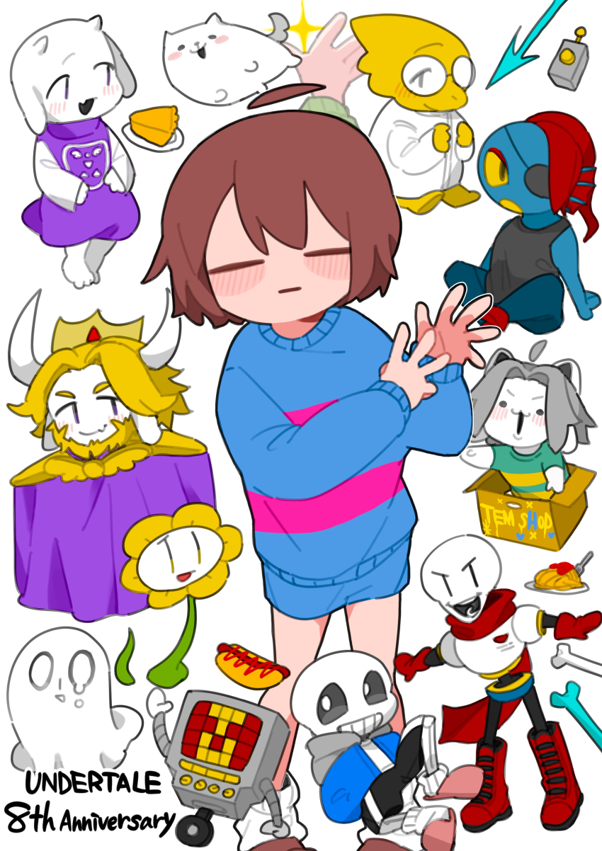 1other 3girls 6+boys absurdres anniversary annoying_dog asgore_dreemurr blue_shorts blue_sweater blush_stickers box brown_hair chara_(undertale) chibi closed_eyes copyright_name dog flowey flowey_(undertale) food frisk_(undertale) highres mettaton multiple_boys multiple_girls napstablook open_mouth papyrus_(undertale) robot sans_(undertale) short_hair shorts sitting smile sweater tadeno temmie toriel undertale undyne white_background