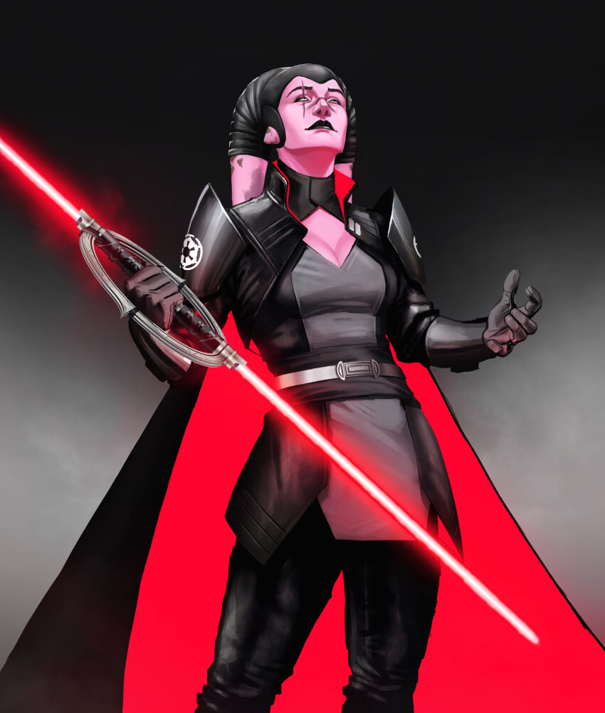 absurdres alien armor black_cape black_gloves black_lips black_pants black_tunic breasts cape christophe_pichette cleavage colored_skin double-bladed_spinning_lightsaber energy_sword gloves grey_tunic highres holding holding_sword holding_weapon imperial_logo_(star_wars) inquisitor_(star_wars) lekku_(anatomy) lightsaber looking_up medium_breasts pants pauldrons pink_skin red_cape red_lightsaber scar scar_across_eye scar_on_face shoulder_armor silver_belt sith solo standing star_wars sword tunic twi&#039;lek two-sided_cape two-sided_fabric weapon yellow_eyes
