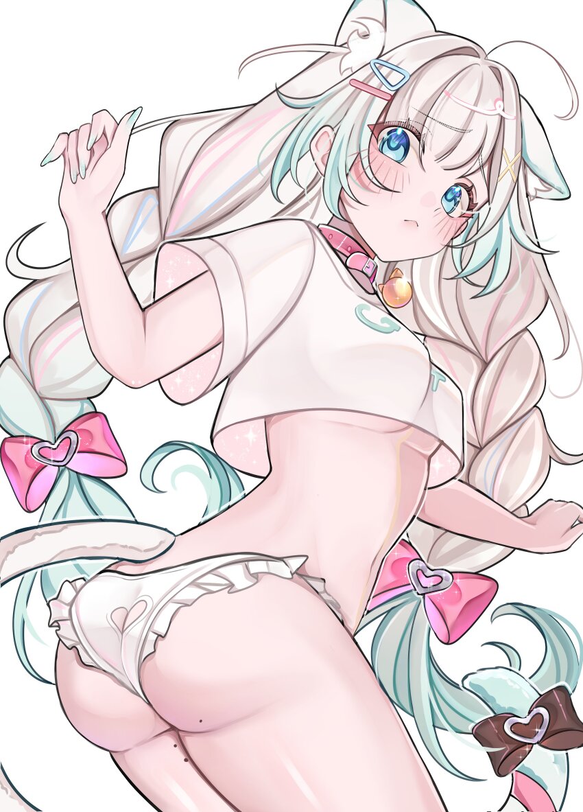 1girl absurdres ahoge animal_ear_fluff animal_ears ass ass_cutout bell black_bow blue_eyes blush bow braid breasts butt_crack cat_ears cat_girl cat_tail closed_mouth clothing_cutout collar commentary cowboy_shot cropped_shirt english_commentary fingernails frilled_panties frills gradient_hair green_nails hair_bow hair_ornament hand_up heart_cutout highres indie_virtual_youtuber jingle_bell long_hair looking_at_viewer medium_breasts mint_fantome mint_fantome_(otaku) mole mole_on_ass mole_on_thigh multicolored_hair multiple_moles nail_polish neck_bell official_alternate_costume official_alternate_hair_length official_alternate_hairstyle panties panty_cutout parted_bangs pink_bow pink_collar rosheil shirt short_sleeves simple_background solo tail tail_bow tail_ornament twin_braids underboob underwear virtual_youtuber white_background white_hair white_panties white_shirt x_hair_ornament