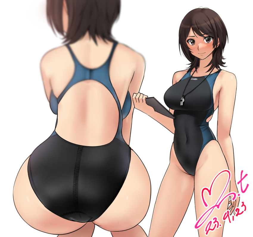 1girl amagami ass back_cutout backboob bare_arms bare_shoulders black_one-piece_swimsuit blue_one-piece_swimsuit breasts brown_eyes brown_hair closed_mouth clothing_cutout commission competition_swimsuit dated from_behind highleg highleg_one-piece_swimsuit highres holding holding_notebook large_breasts leaning_forward looking_at_viewer medium_hair multiple_views navel notebook one-piece_swimsuit pixiv_commission signature simple_background standing swimsuit takahashi_maya two-tone_swimsuit whistle whistle_around_neck white_background yoo_tenchi