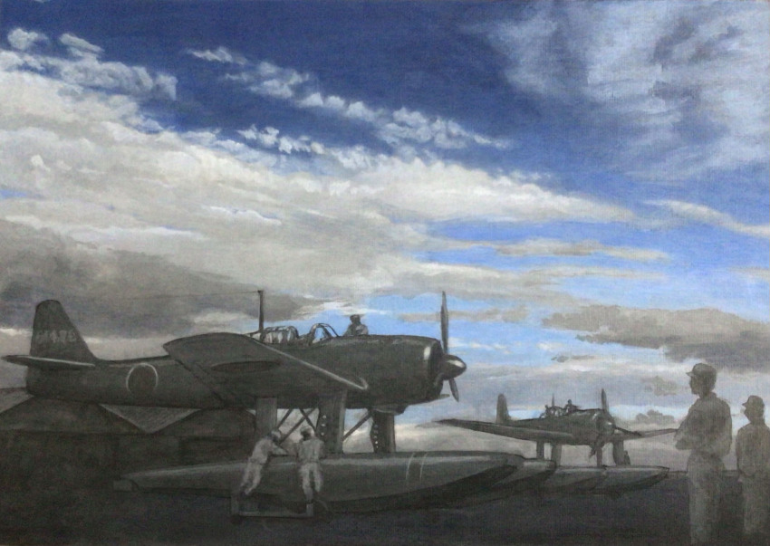 6+boys acrylic_paint_(medium) aircraft airplane atelier_bono cloud cloudy_sky e16a_zuiun engineer floatplane hangar highres imperial_japanese_navy military_vehicle multiple_boys original outdoors painting_(medium) propeller propeller_fighter seaplane sky traditional_media vehicle_focus