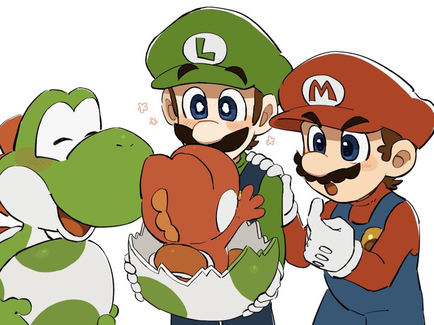2boys animal_ears baby_yoshi blue_eyes blue_overalls brown_hair egg facial_hair gloves hat hatching highres luigi male_focus mario mario_(series) mimimi_(mimimim9999) multiple_boys mustache nintendo overalls red_yoshi shirt short_hair yoshi