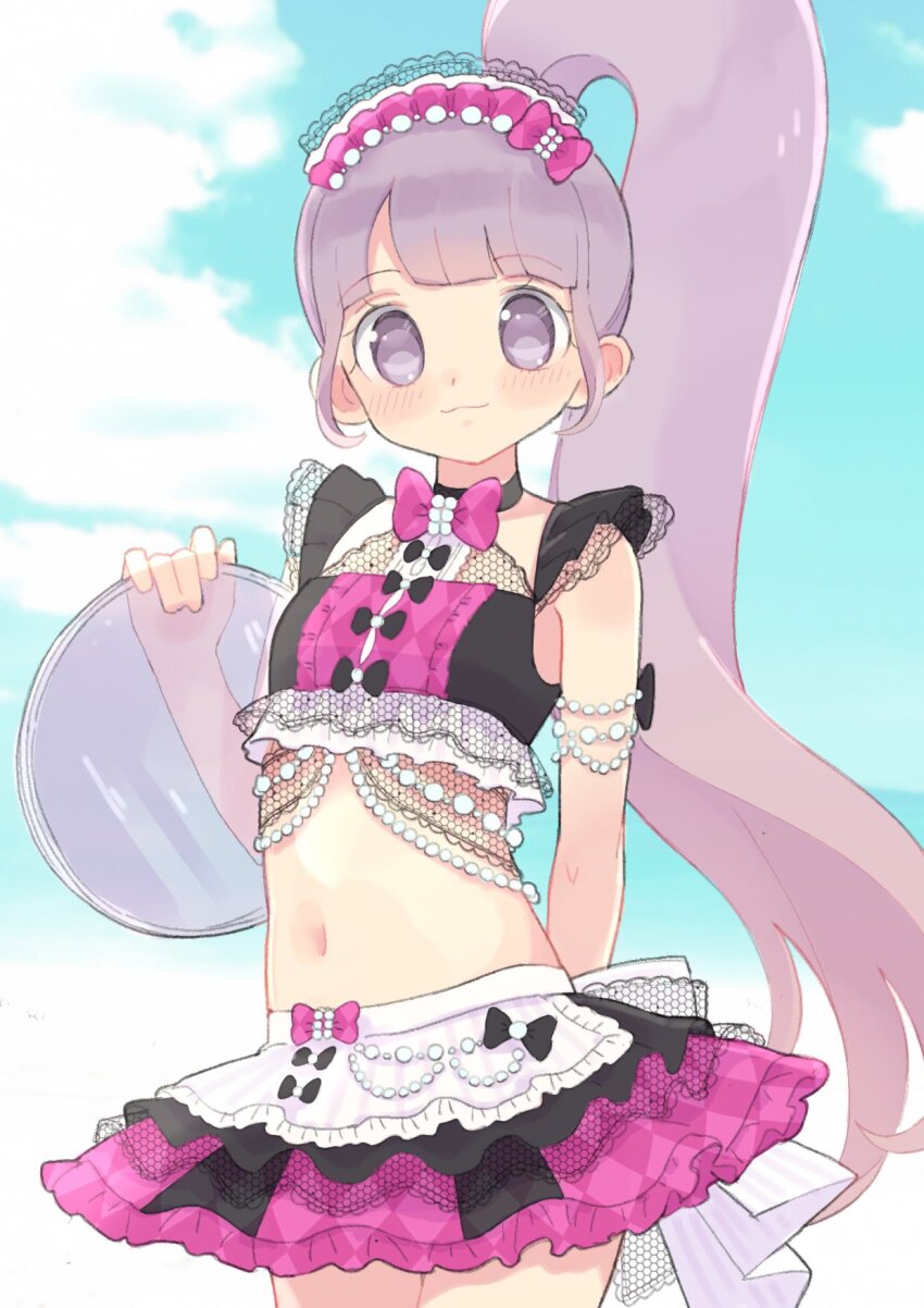 1girl :3 blunt_bangs bow bow_skirt breasts closed_mouth clothing_request cloud cowboy_shot high_ponytail highres holding holding_tray hyakumangoku_masurao kiratto_pri_chan light_smile long_hair looking_at_viewer manaka_non miniskirt navel outdoors ponytail pretty_series pripara purple_eyes purple_hair skirt small_breasts solo standing summer_maid_coord too_many_bows tray very_long_hair