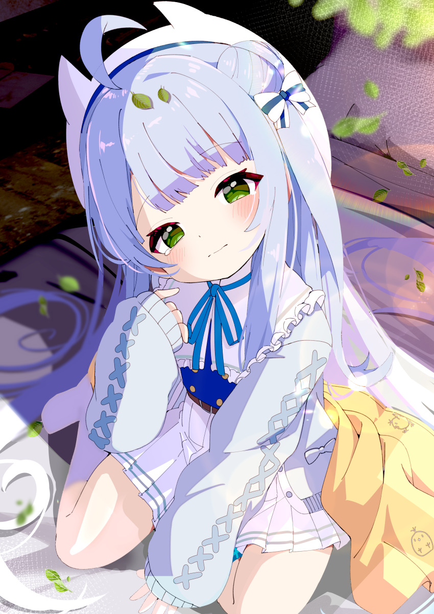 1girl absurdres ahoge animal_ears beret between_legs blanket blue_bow blue_cardigan blue_hair blue_ribbon blue_shirt blunt_bangs blush bow cardigan closed_mouth commission cross-laced_clothes cross-laced_sleeves dot_nose fake_animal_ears frills green_eyes hair_bow hair_bun hair_ornament hand_between_legs hand_up hat head_tilt highres jacket leaf leaf_on_head long_hair long_sleeves looking_at_viewer neck_ribbon original pleated_skirt puffy_long_sleeves puffy_sleeves raised_eyebrows ribbon shiro9jira shirt sidelocks sitting skeb_commission skirt sleeves_past_wrists socks solo very_long_hair wariza wavy_mouth white_skirt white_socks yokozuwari