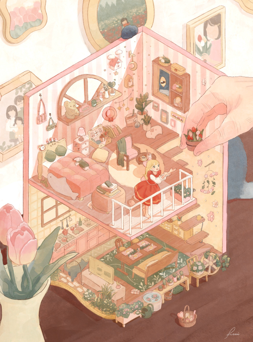 1girl :d absurdly_detailed_composition barefoot basket bed bedroom blonde_hair book bow cat chair clock commentary_request crescent doll_house dress flower flower_pot fumi_futamori heart highres indoors kitchen loaded_interior long_sleeves mini_person minigirl open_mouth original picture_frame pink_bow pink_flower plant potted_plant railing reaching reaching_towards_another red_dress red_flower rug scenery shelf signature smile stairs star_(symbol) stove stuffed_animal stuffed_toy table teddy_bear television tulip watering_can wheel white_flower wide_shot window yarn yarn_ball