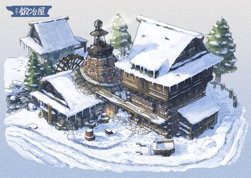 architecture barrel blue_background cabin cobblestone commentary_request fence gradient_background grey_background highres icicle no_humans original pine_tree poppo_sutchy smoke snow snowman translation_request tree water_wheel wheelbarrow