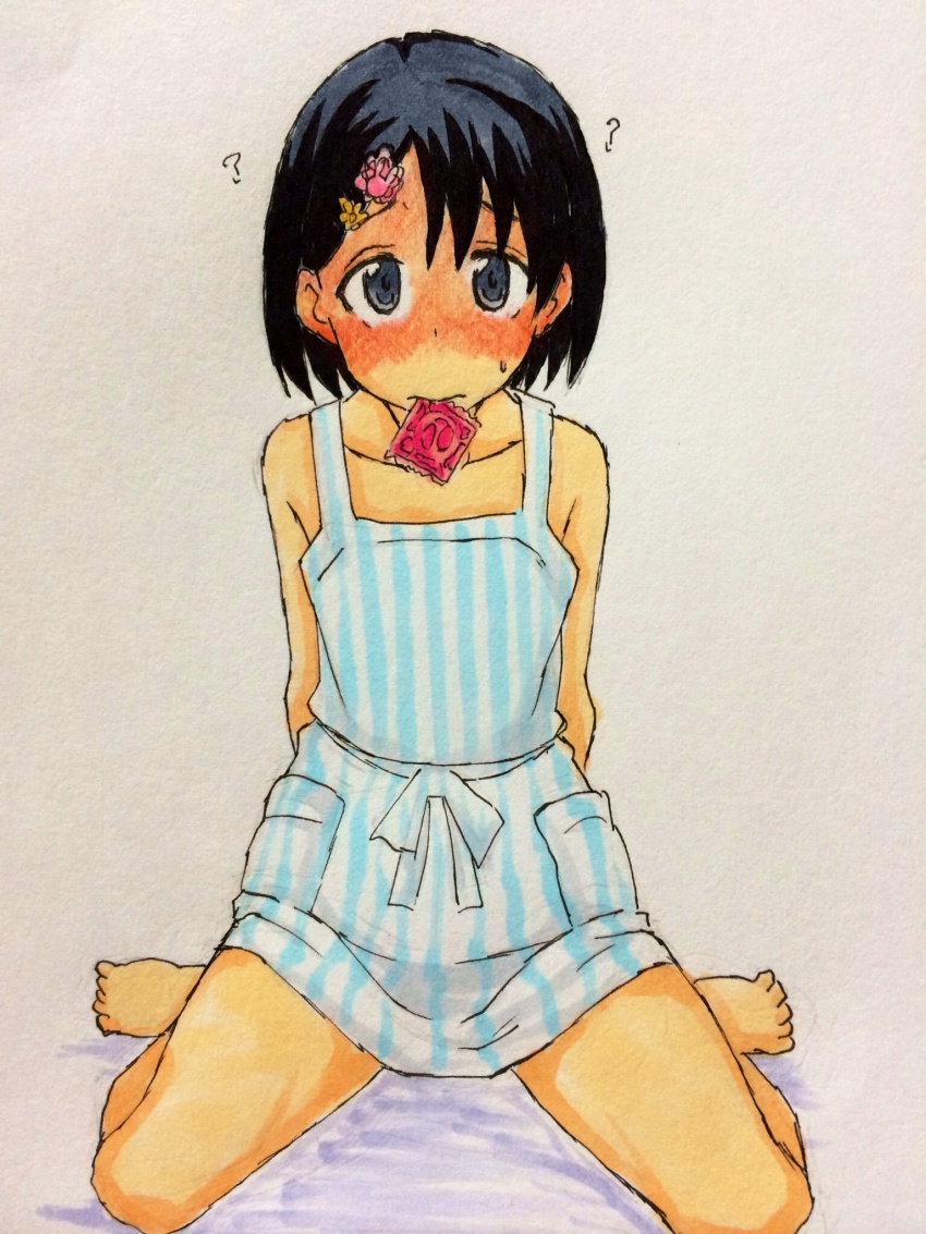 10s 1girl ? apron arms_behind_back barefoot black_eyes black_hair blush condom condom_in_mouth condom_wrapper female_focus fujioka_(azunxan) hair_ornament hairclip highres idolmaster idolmaster_cinderella_girls mouth_hold naked_apron sasaki_chie short_hair simple_background sitting solo sweatdrop wariza