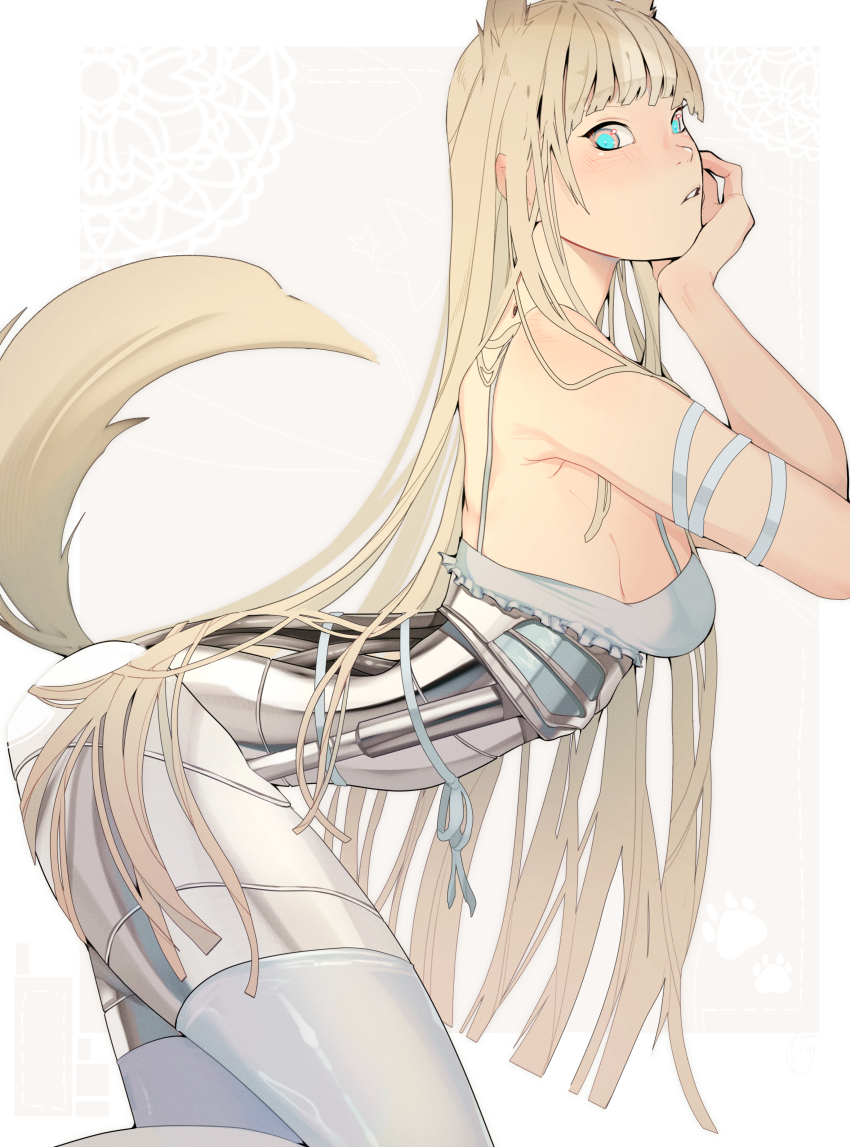 1girl absurdres animal_ears bare_shoulders blonde_hair blue_eyes blunt_bangs blush bra ecomoesty frilled_bra frills highres kneeling long_hair looking_at_viewer mechabare original tail thighhighs underwear white_bra white_thighhighs wolf_ears wolf_tail