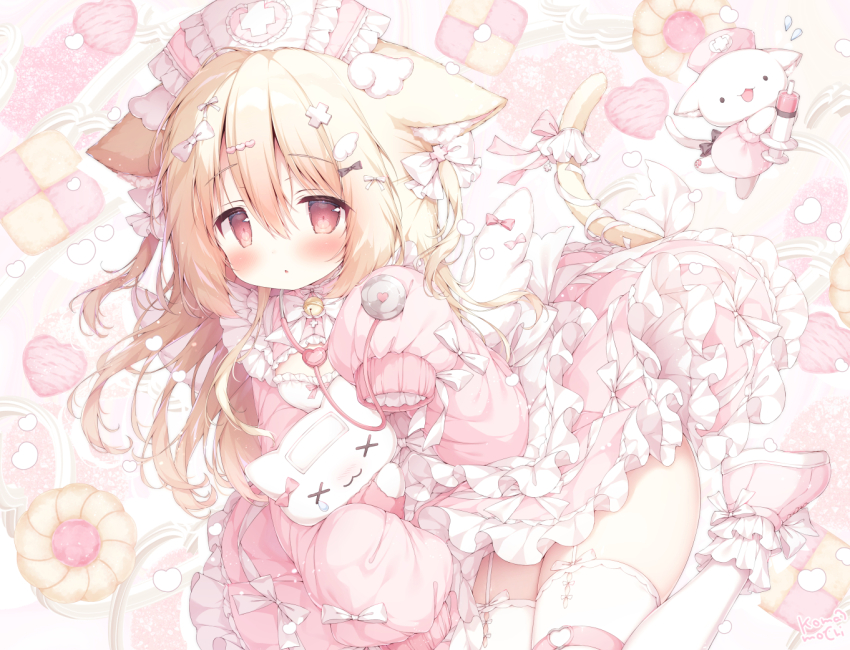 1girl :3 angel_wings animal_ears bell black_bow blonde_hair blush bow bowtie cat cat_ears cat_girl cat_tail cleavage_cutout clothing_cutout cold_pack commentary_request dress hair_between_eyes hair_bow hair_ornament hat heart heart_hair_ornament long_hair long_sleeves momozu_komamochi neck_bell nurse_cap original parted_lips pink_dress pink_hat pink_shoes pink_theme red_eyes ribbon shoes sleeves_past_fingers sleeves_past_wrists solo stethoscope tail tail_cuff tail_ornament tail_ribbon tareme thighhighs vanilla_(momozu_komamochi) white_bow white_bowtie white_ribbon white_thighhighs white_wings wings x_x