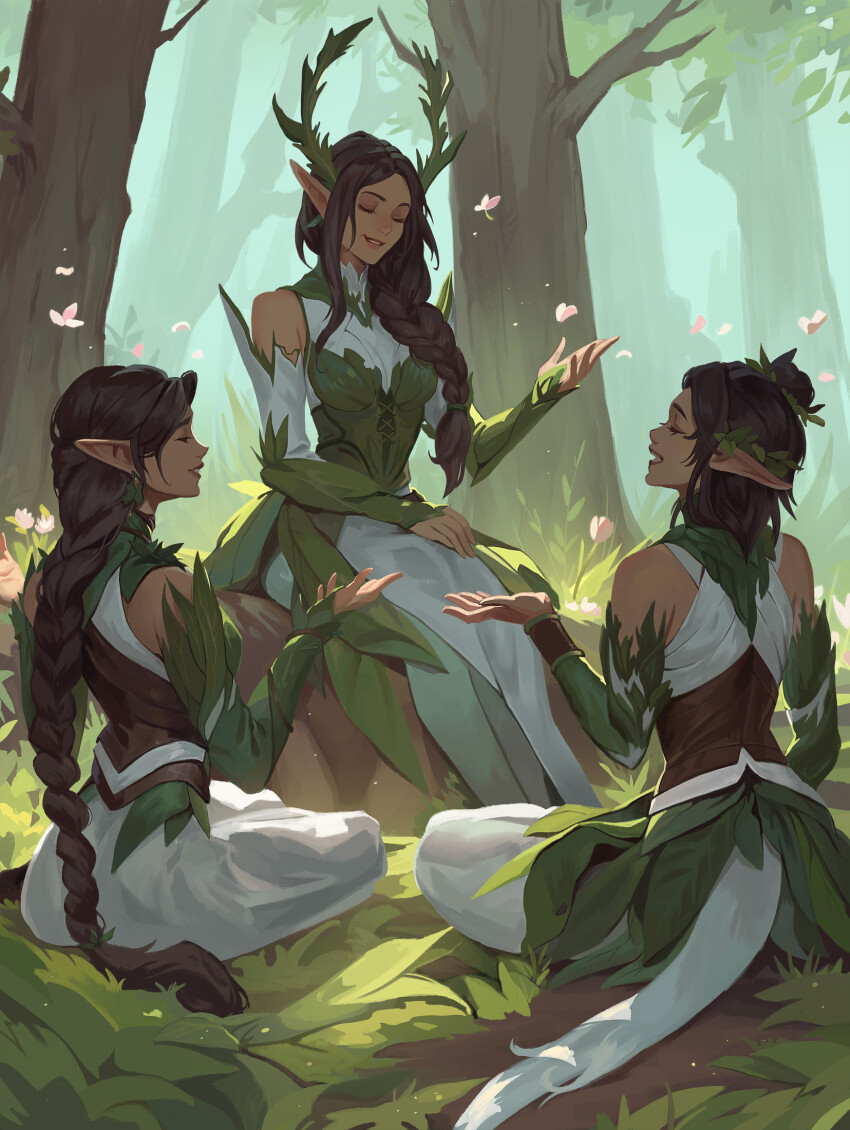 3girls antlers bare_shoulders bracer braid braided_ponytail brown_hair brown_shirt celestra closed_eyes commentary crossed_legs detached_sleeves dress earrings english_commentary falling_petals flower forest grass green_bustier green_sleeves hair_over_shoulder half_updo hand_on_lap high_collar highres horns jewelry laurel_crown leaf_earrings long_hair long_sidelocks medium_hair multiple_girls nature on_ground on_rock open_mouth original outdoors parted_lips petals pink_flower plant_clothing pointy_ears profile rock shirt sidelocks sitting skirt tree two-tone_shirt very_long_hair white_dress white_shirt white_skirt white_sleeves white_tail