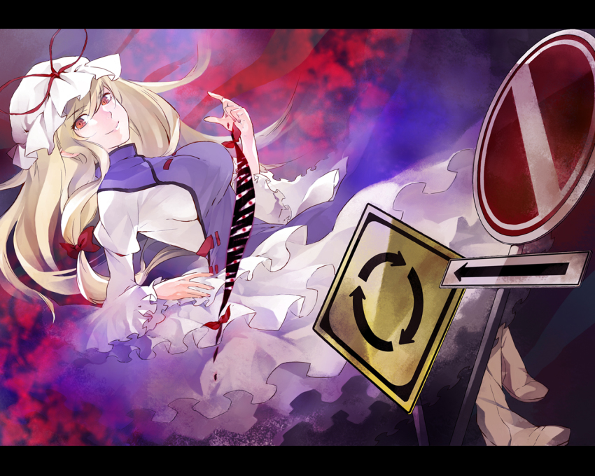 1girl blonde_hair female_focus gap_(touhou) hat itsu letterboxed long_hair red_eyes ritz_(h322) road_sign sign solo touhou yakumo_yukari