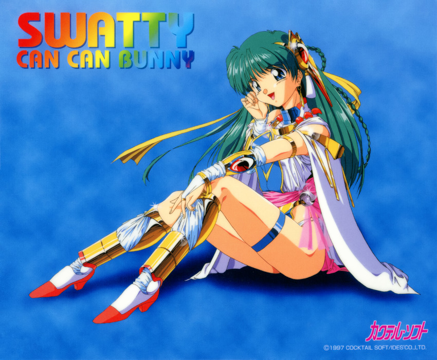 1990s_(style) 1girl armlet blue_eyes blurry blurry_background bracelet can_can_bunny character_name copyright_name copyright_notice full_body glint green_hair hair_ornament high_heels jewelry knees_up long_hair lots_of_jewelry non-web_source official_alternate_costume official_art open_mouth retro_artstyle sitting solo swatty_(can_can_bunny) thigh_strap