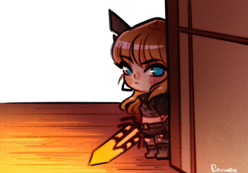 1girl armor blonde_hair blue_eyes breasts chibi cleavage clothing_cutout crop_top elbow_spikes highres holding holding_sword holding_weapon huge_weapon long_hair looking_at_viewer magik_(x-men) marvel marvel_rivals poposhirat short_shorts shorts solo spiked_pauldrons sword weapon x-men