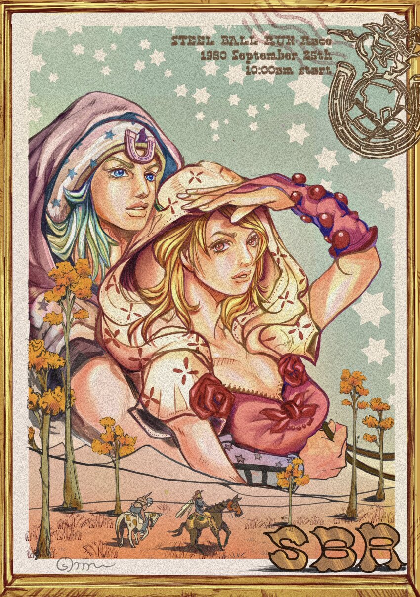1girl 2boys 667dh blonde_hair blue_eyes blue_hair breasts bridal_gauntlets cleavage flower gyro_zeppeli hat highres hood hood_up horse horseback_riding horseshoe_hat_ornament horseshoe_ornament johnny_joestar jojo_no_kimyou_na_bouken lucy_steel multiple_boys pink_bridal_gauntlets pink_flower riding slow_dancer_(jojo) star_(symbol) star_print steel_ball_run valkyrie_(jojo)