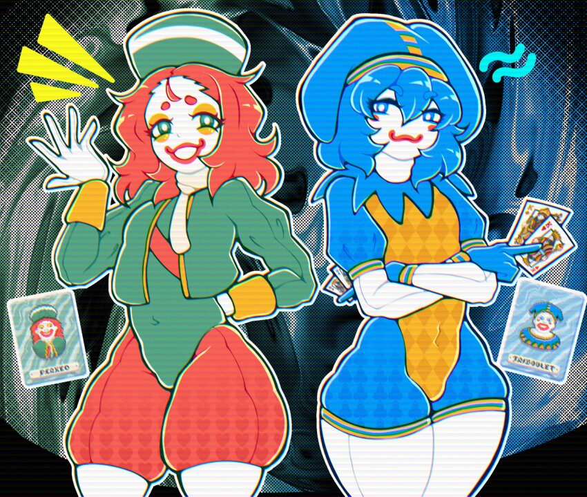 2boys :3 abstract_background balatro blue_collar blue_eyes blue_eyeshadow blue_gloves blue_hair blue_hat blue_shorts blush_(makeup) bodysuit bright_pupils bulge card closed_mouth clown clown_boy clown_makeup clubs_pattern clubs_print collar colored_skin commentary covered_navel cowboy_shot cropped_jacket diamond_pattern diamond_print english_commentary eyeshadow gloves green_eyes green_hat green_jacket green_leotard hair_between_eyes hand_behind hand_up hat heart heart_pattern heart_print highres holding holding_card hosses jacket jester jester_boy jester_cap leotard long_sleeves looking_at_viewer makeup male_focus medium_hair multiple_boys open_clothes open_jacket open_mouth orange_eyeshadow outline perkeo_(balatro) personification playing_card puffy_long_sleeves puffy_short_sleeves puffy_shorts puffy_sleeves red_hair red_lips red_shorts red_strap scarf short_hair short_sleeves shorts smile thick_thighs thighs trap triboulet_(balatro) white_bodysuit white_gloves white_pupils white_scarf white_skin white_stripe yellow_leotard yellow_stripes