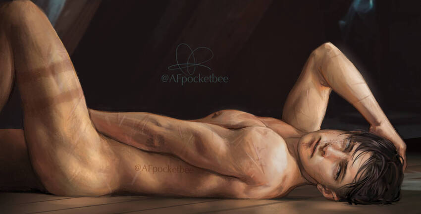 1boy arm_between_legs arm_up blind blind_eye brown_eyes brown_hair collarbone commentary completely_nude english_commentary feet_out_of_frame hand_on_own_head highres knee_up levi_(shingeki_no_kyojin) looking_to_the_side lying male_focus multiple_scars nipples nude on_back parted_lips pectorals pocketbee scar scar_across_eye scar_on_face scar_on_mouth scars_all_over shingeki_no_kyojin short_hair sideways_glance solo thighs too_many twitter_username wooden_floor