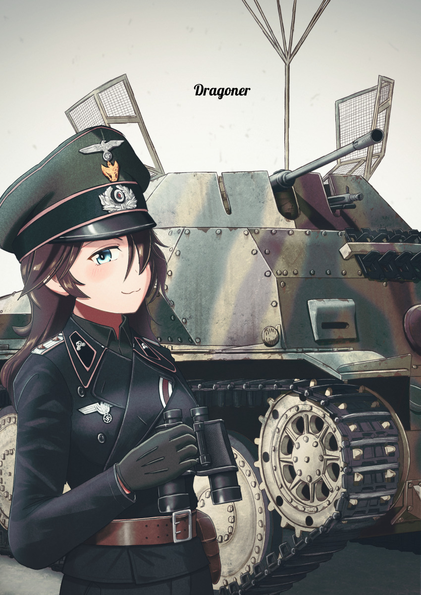 1girl :3 absurdres belt belt_pouch binoculars black_gloves blue_eyes blush brown_hair gloves green_hat hat highres holding holding_binoculars long_hair military military_rank_insignia military_uniform military_vehicle motor_vehicle nazi original pouch reichsadler saitou_kaoru_(nashorn) solo swastika tank vehicle_request white_background world_war_ii