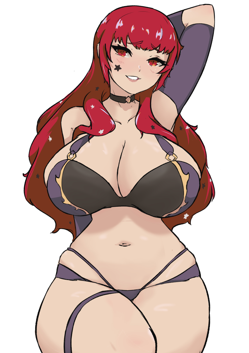 1girl absurdres alternate_costume bikini breasts bursting_breasts cleavage facial_mark fire_emblem fire_emblem_engage hair_ornament highres huge_breasts in2naps looking_at_viewer navel nintendo purple_bikini red_hair sideboob skindentation solo star_(symbol) star_facial_mark star_hair_ornament swimsuit yunaka_(fire_emblem)